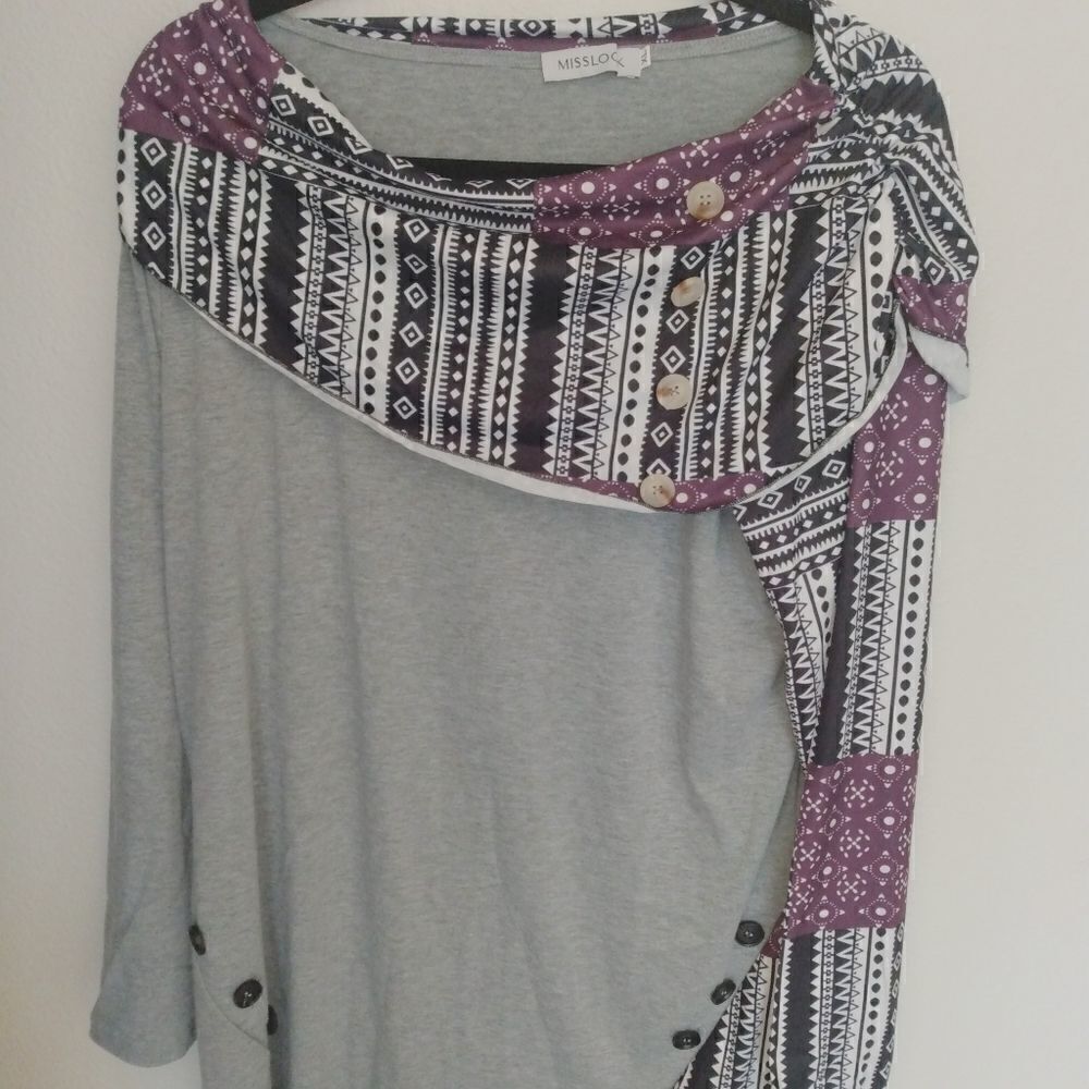 MissLook Cowl Neck Grey Geometric Long Sleeve Blouse XL NWT